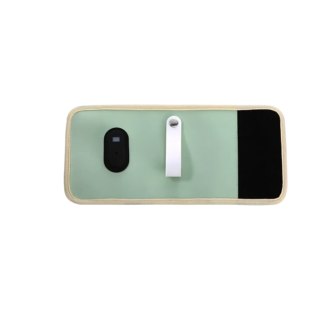 Portable usb baby bottle warmer in light green and black with beige border rectangular phone stand design