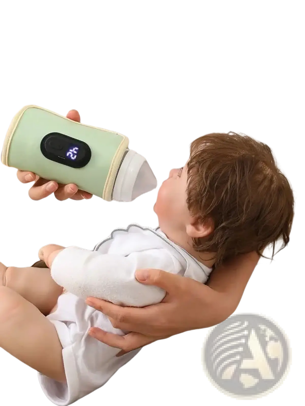 Portable usb baby bottle warmer in soft mint green with silicone coating digital display and white accents