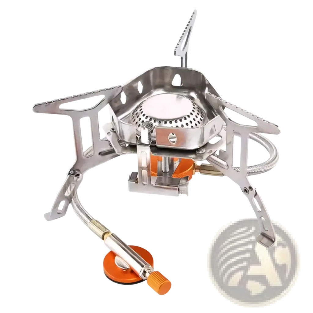 Silver portable windproof camping gas stove burner with orange fuel canister and metal burner assembly