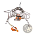 Silver portable windproof camping gas stove burner with orange fuel canister and metal burner assembly