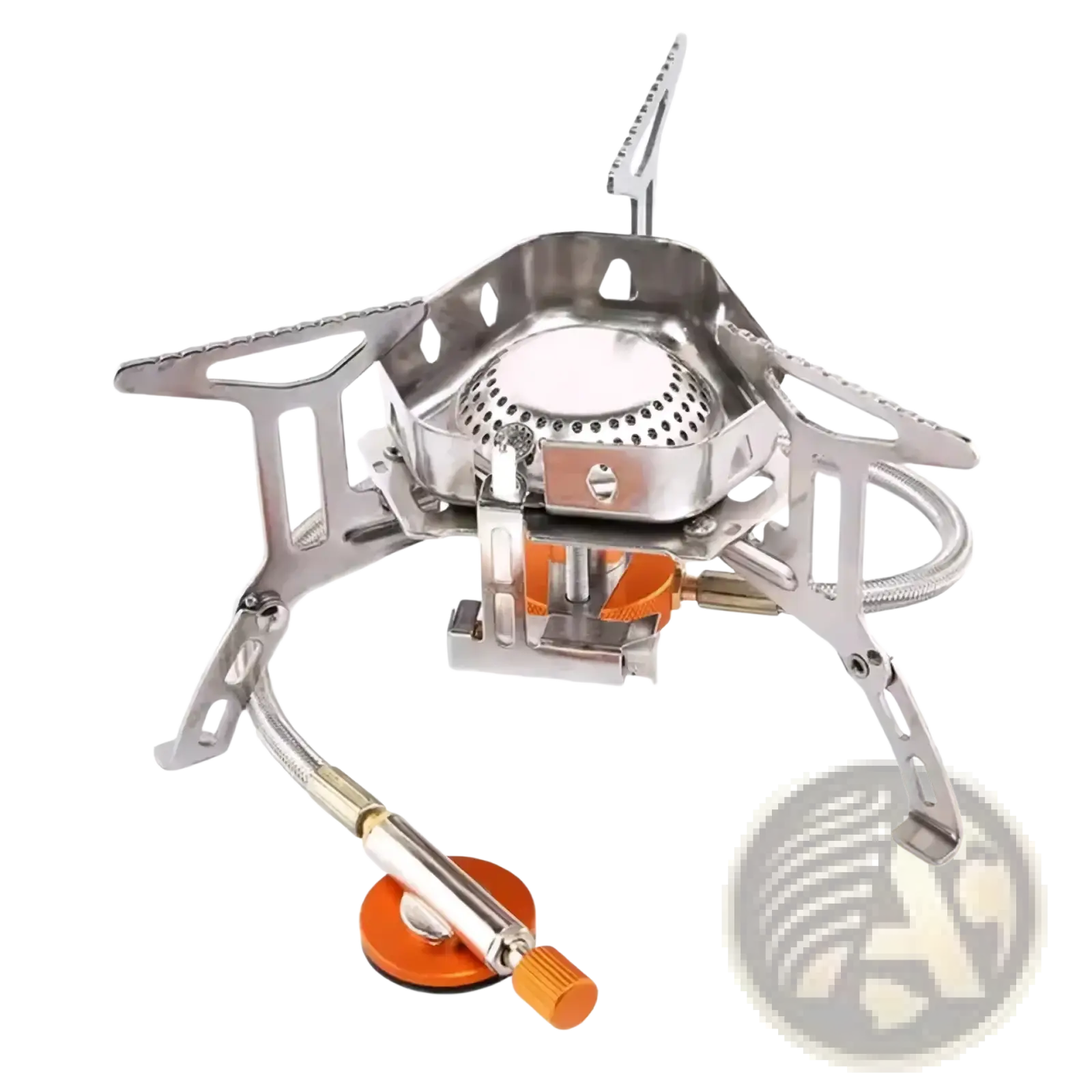 Silver portable windproof camping gas stove burner with orange fuel canister and metal burner assembly