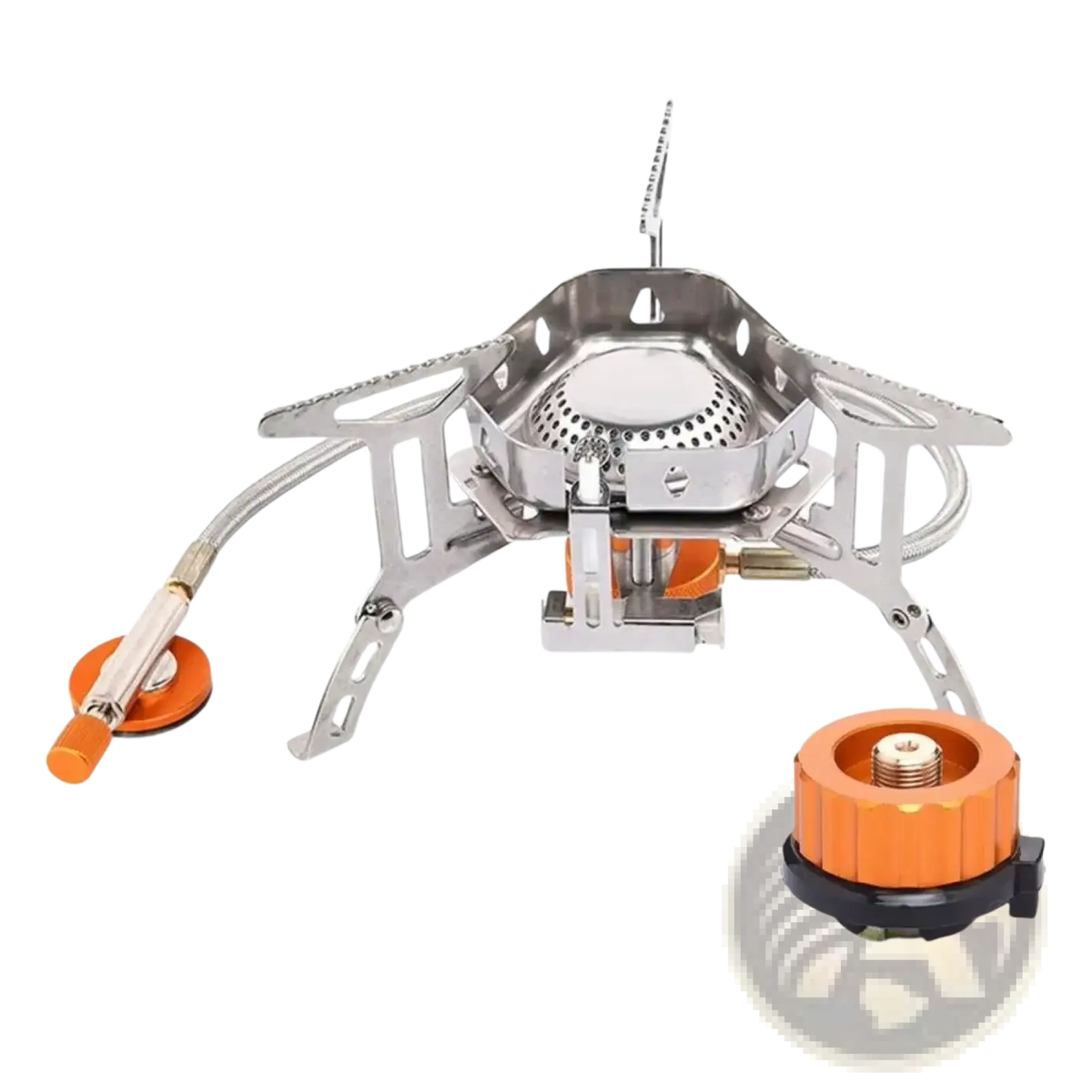 Silver portable windproof camping gas stove burner with orange fuel canister and burner assembly for outdoor use