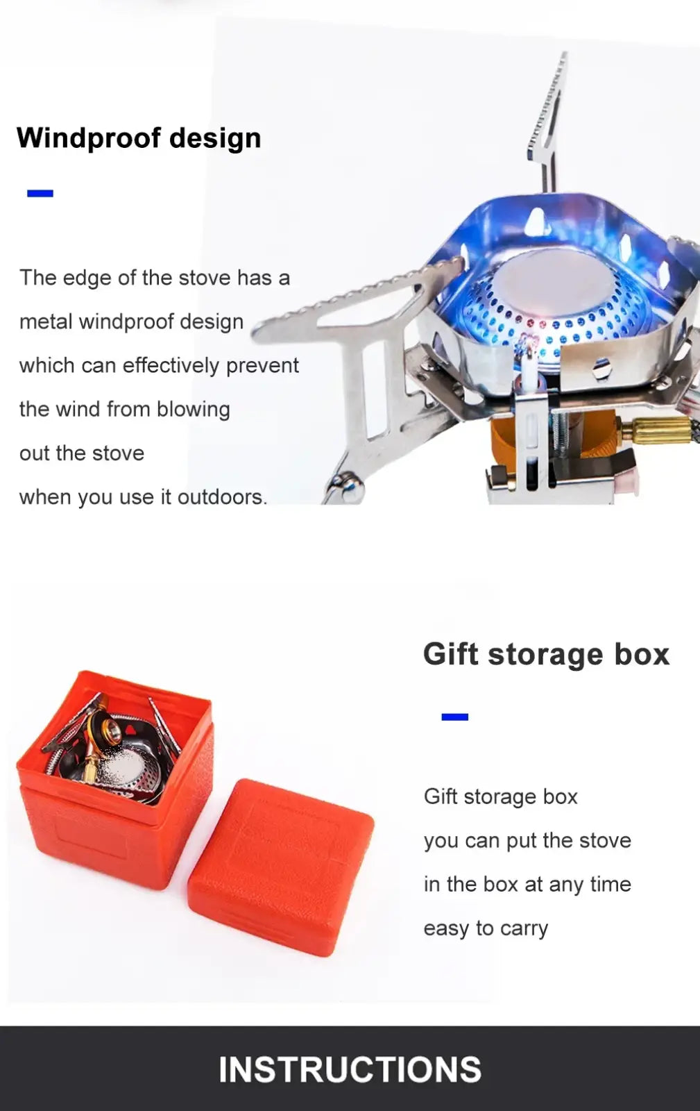Portable windproof camping gas stove burner with blue flame, metallic windproof edge, and orange storage box