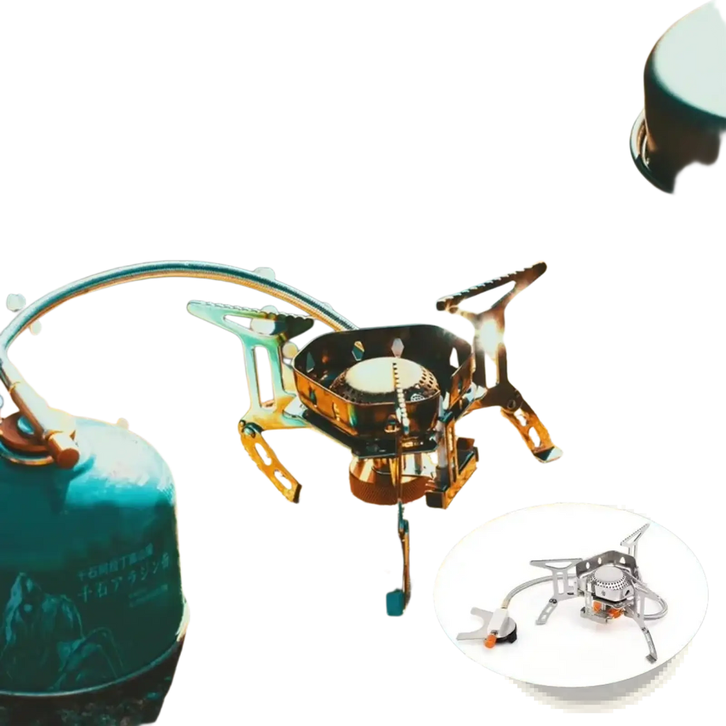 Portable windproof camping gas stove burner with metallic finish and foldable legs for outdoor use