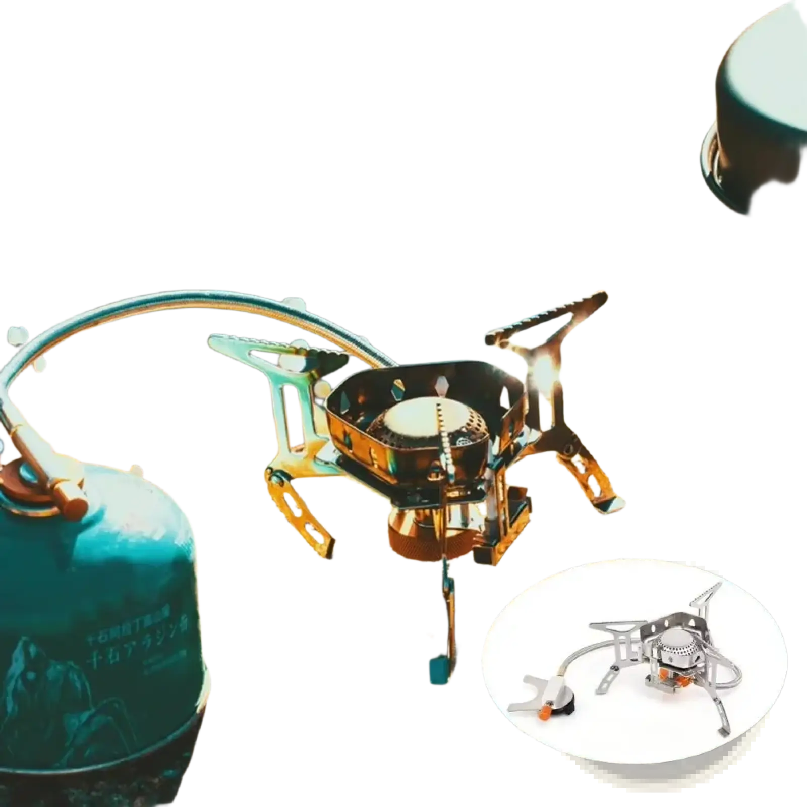 Portable windproof camping gas stove burner with metallic finish and foldable legs for outdoor use