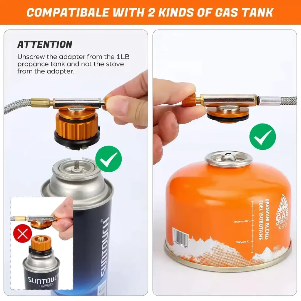 Orange portable windproof camping gas stove burner with black and silver adapter for outdoor cooking use