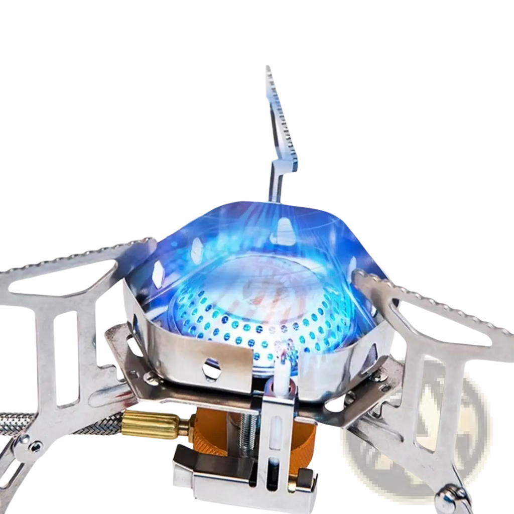 Silver portable windproof camping gas stove burner with blue flame and durable metal construction for outdoor use