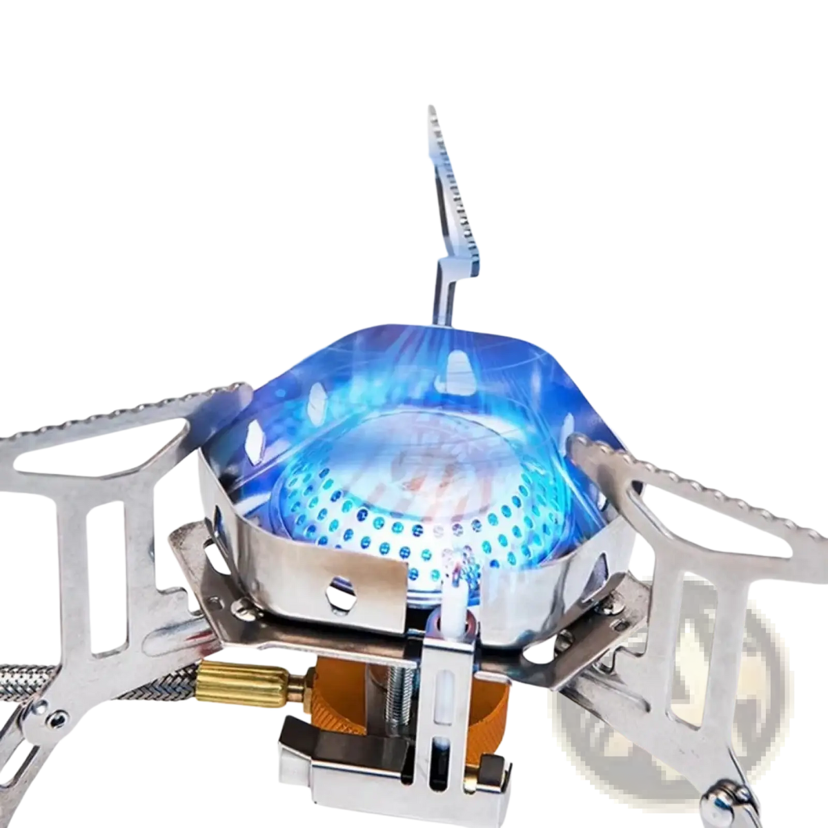 Silver portable windproof camping gas stove burner with blue flame and durable metal construction for outdoor use