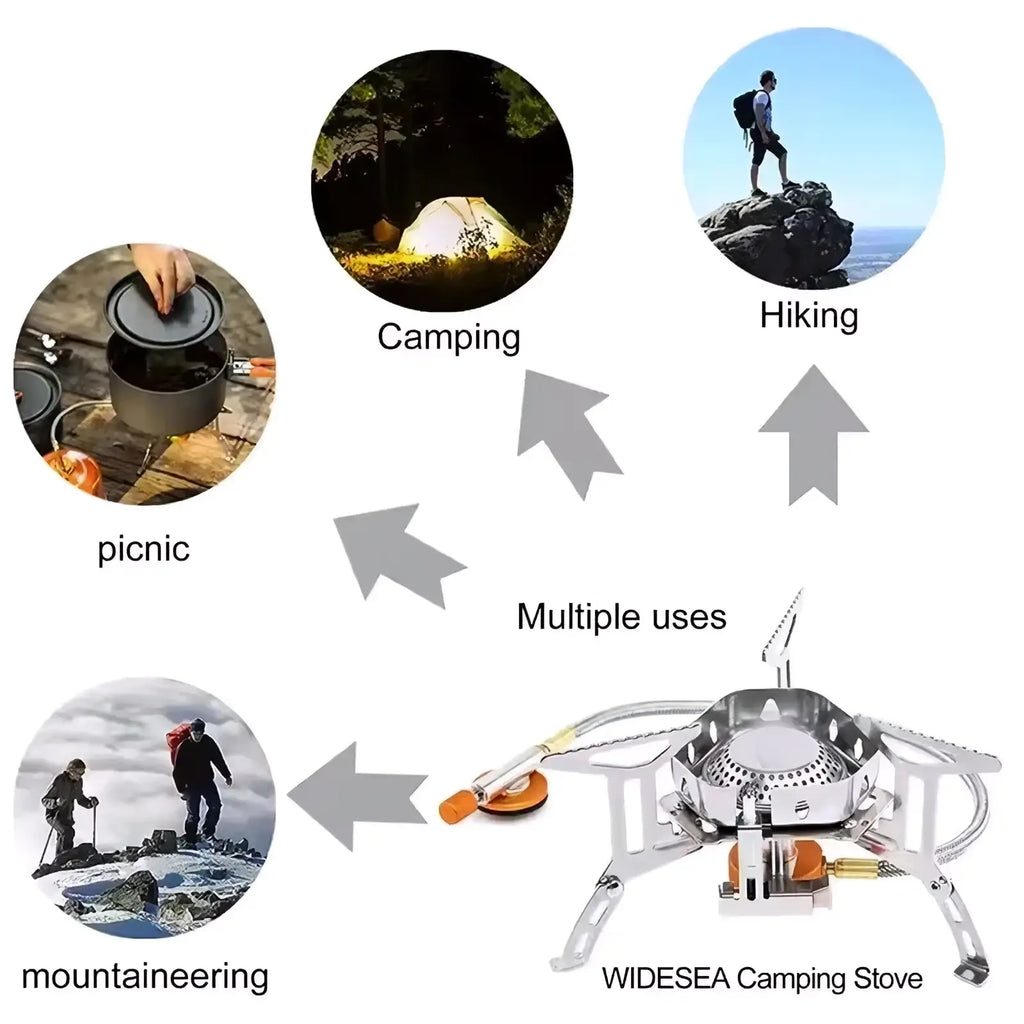 Portable windproof camping gas stove burner with silver metallic widesea compact foldable design and orange fuel canister attachment