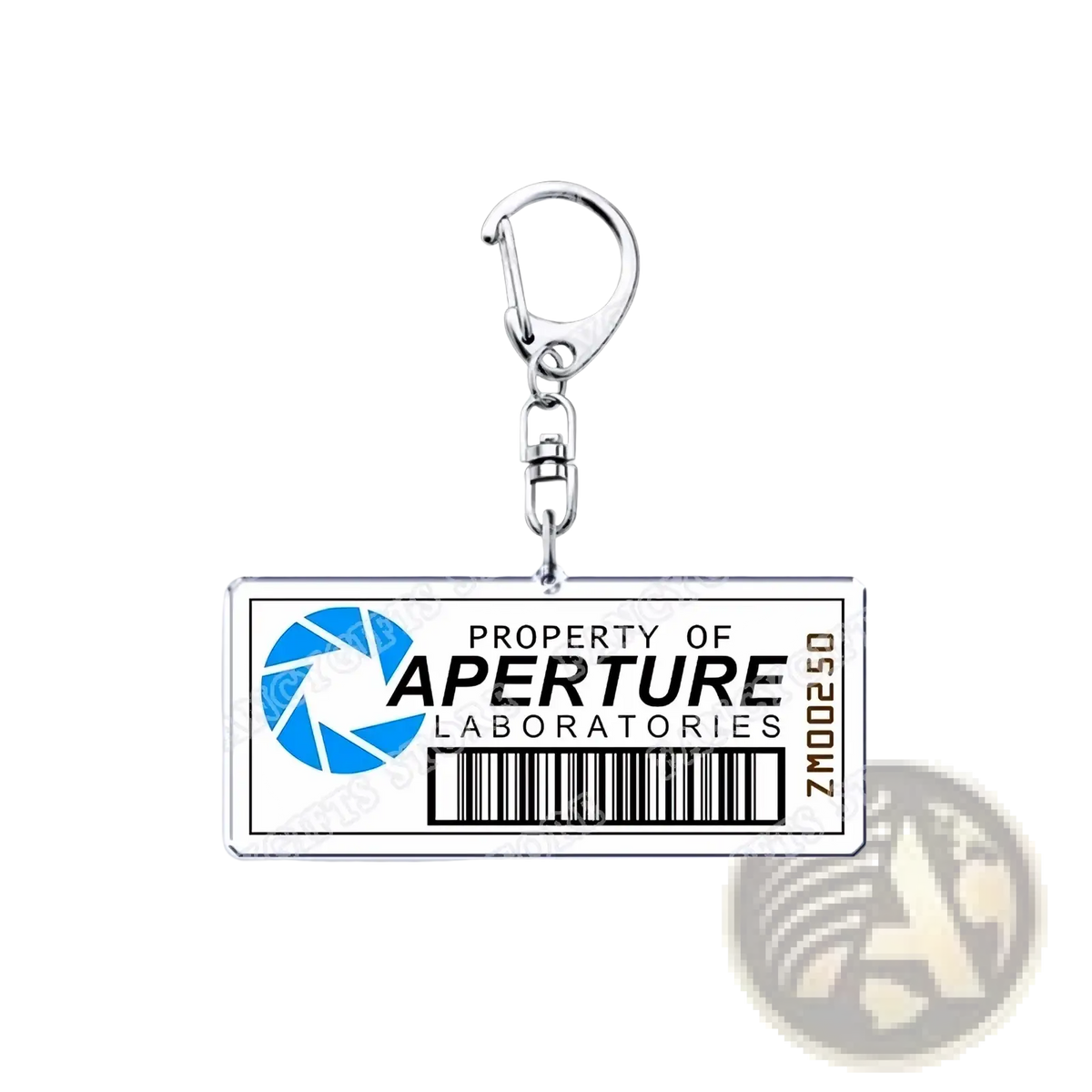 Silver rectangular acrylic keychain with white label featuring blue Aperture Laboratories logo and barcode for gamers