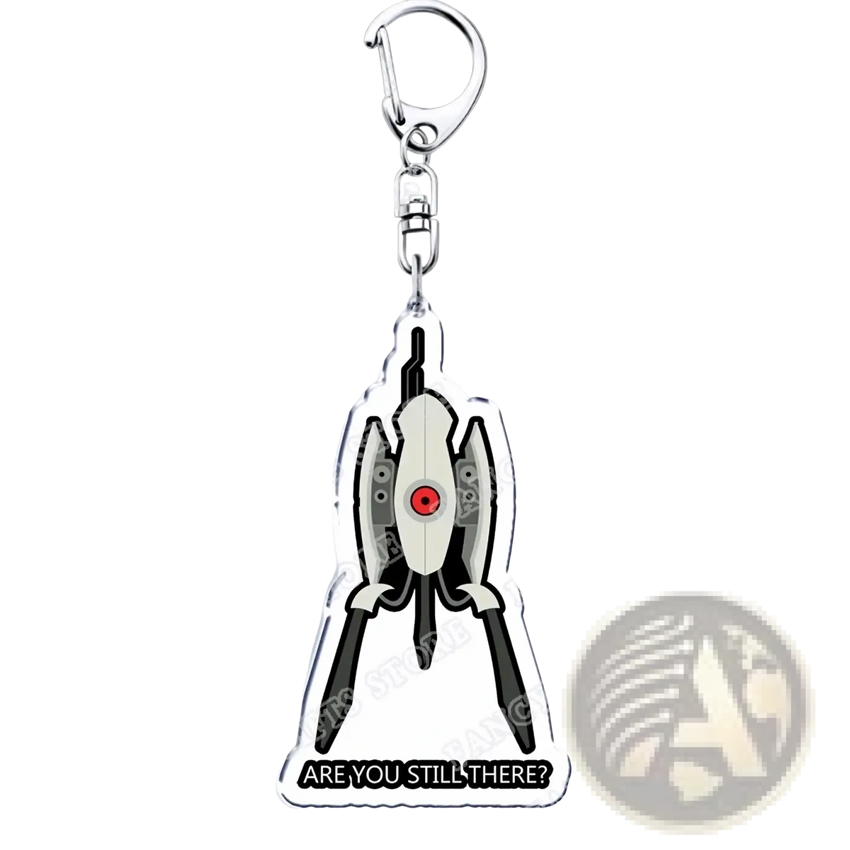 Clear acrylic keychain featuring portal companion cube with red eye black limbs white body gamer gift