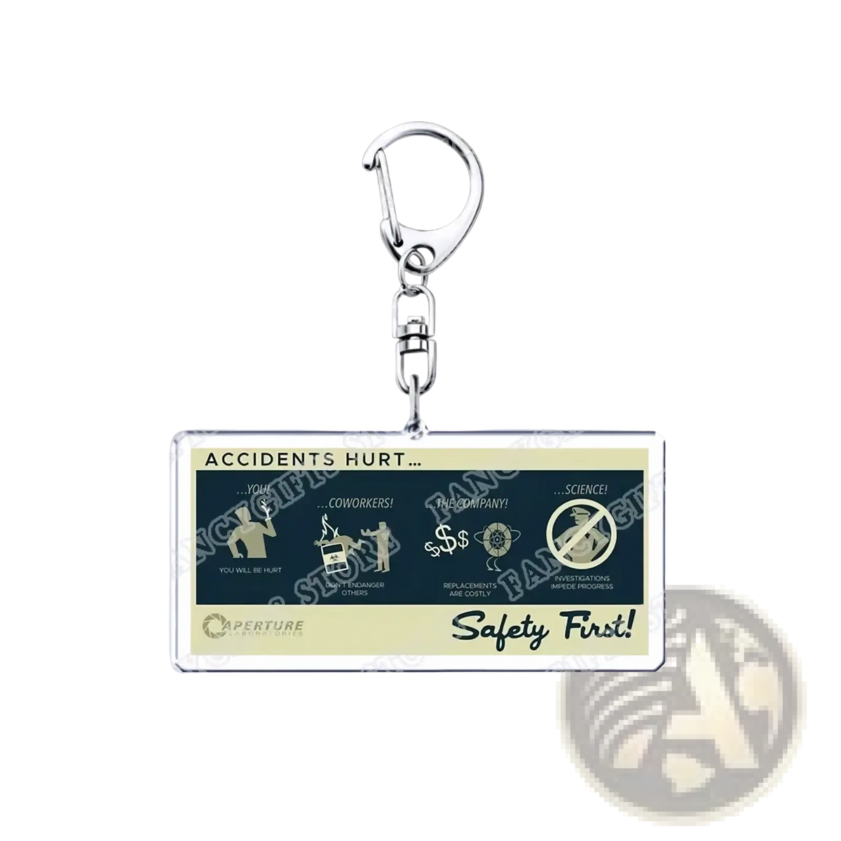 Silver rectangular acrylic portal video game keychain with safety-themed design in black and beige on dark blue background