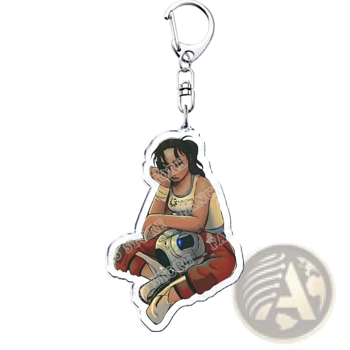 Clear acrylic Portal video game keychain featuring a dark-haired character in yellow and red sitting beside a silver robot