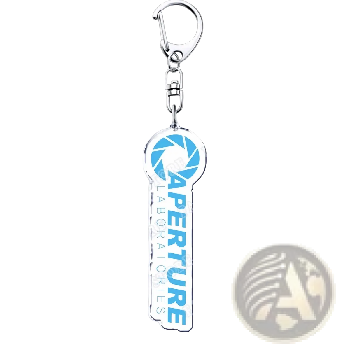 Silver acrylic key-shaped keychain featuring the blue and white Aperture Laboratories logo from Portal video game