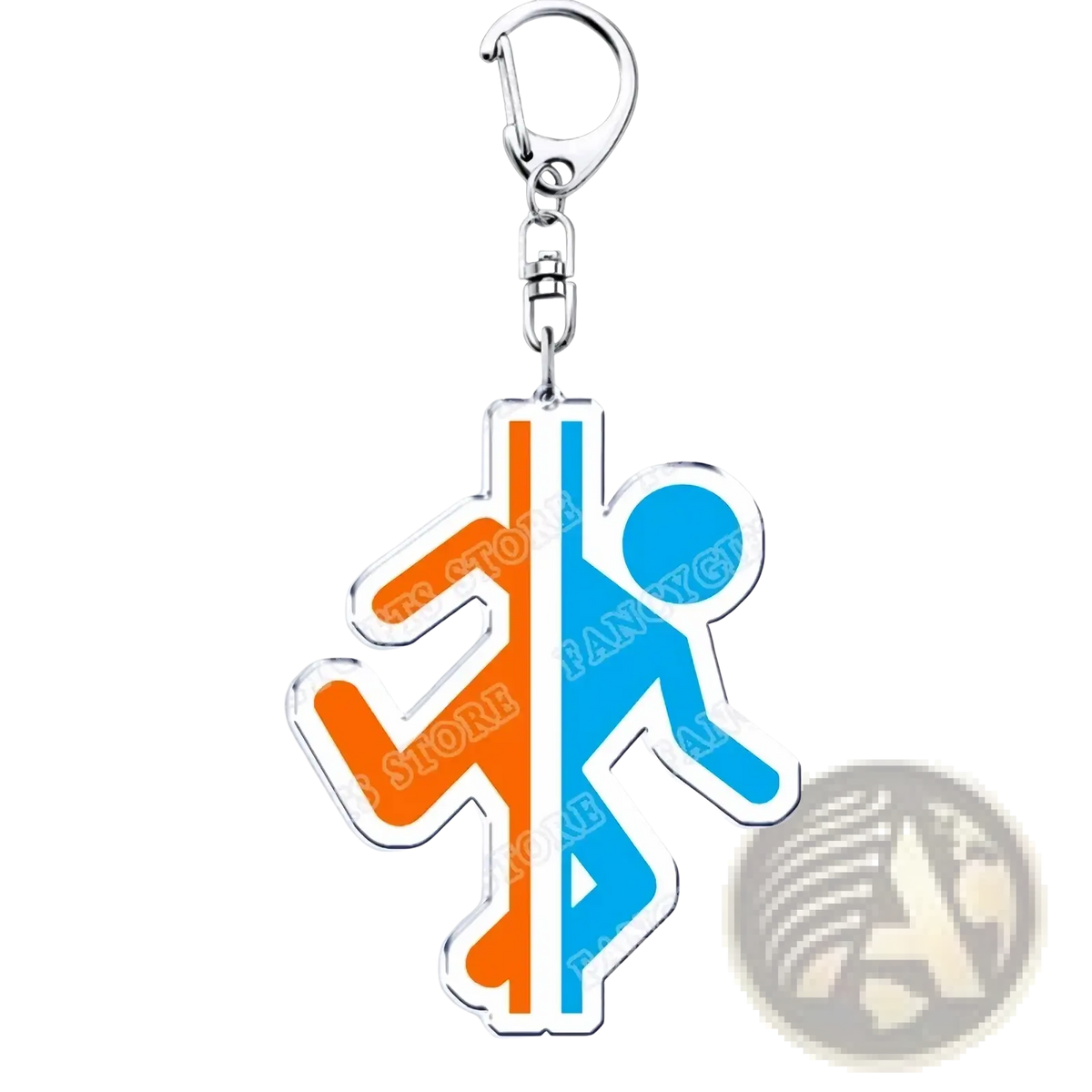 A vibrant orange and blue acrylic portal video game stick figure keychain with silver metal clasp for gamers