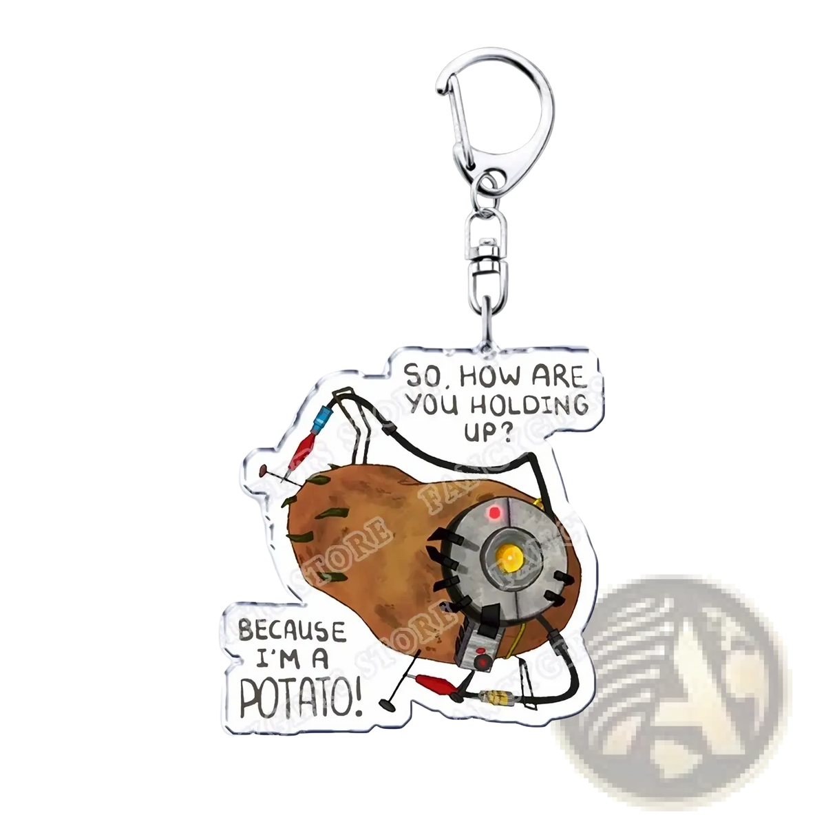 Brown cartoonish potato-shaped acrylic keychain with mechanical face and limbs featuring portal video game text gift