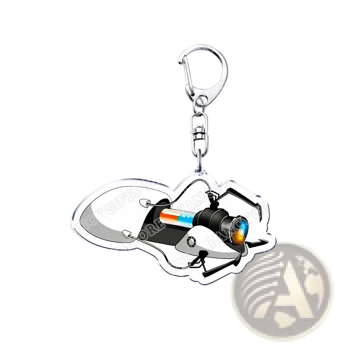 Clear acrylic Portal video game keychain featuring a black and silver robotic insect with colorful glowing accents