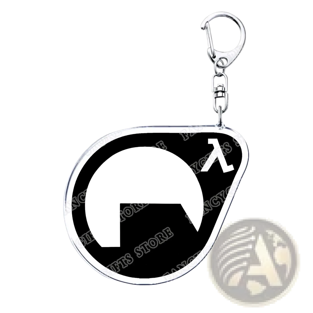 Silver-framed acrylic keychain with black and white lambda symbol design from Portal video game gamer gift