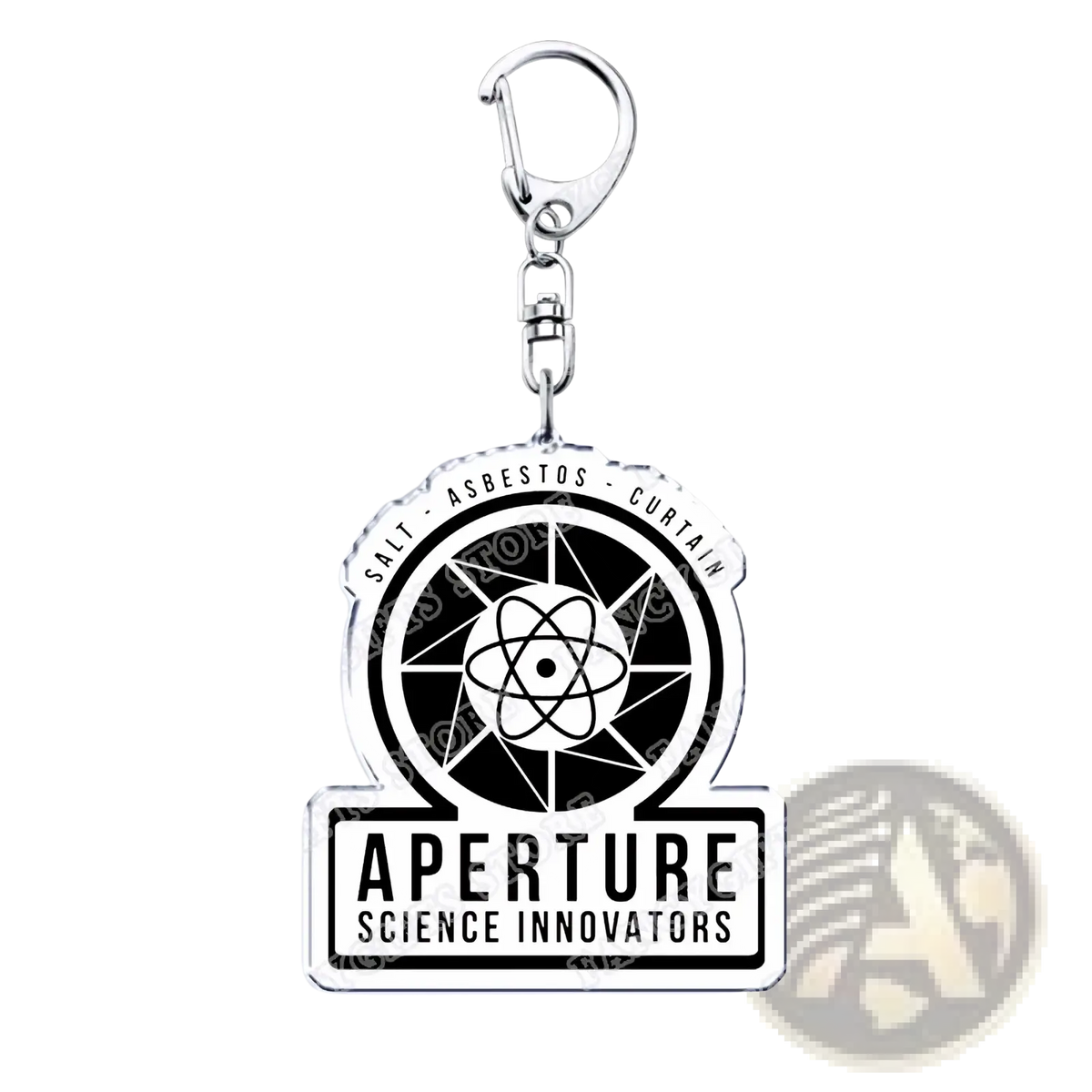 Silver acrylic Portal video game keychain featuring the Aperture Science logo with a black and white atomic symbol design