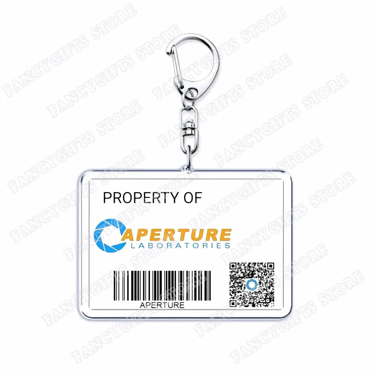 Silver metallic portal video game acrylic keychain with transparent badge and aperture laboratories logo in blue and orange