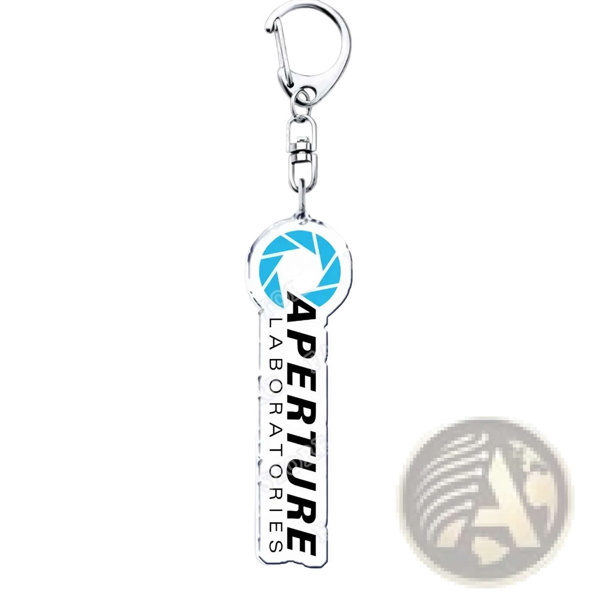 Silver acrylic key-shaped keychain with blue aperture laboratories logo and black text portal video game gamer gift