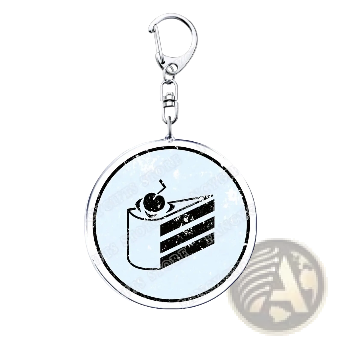 Silver-toned acrylic Portal video game keychain featuring a black and light blue distressed cake slice design with cherry