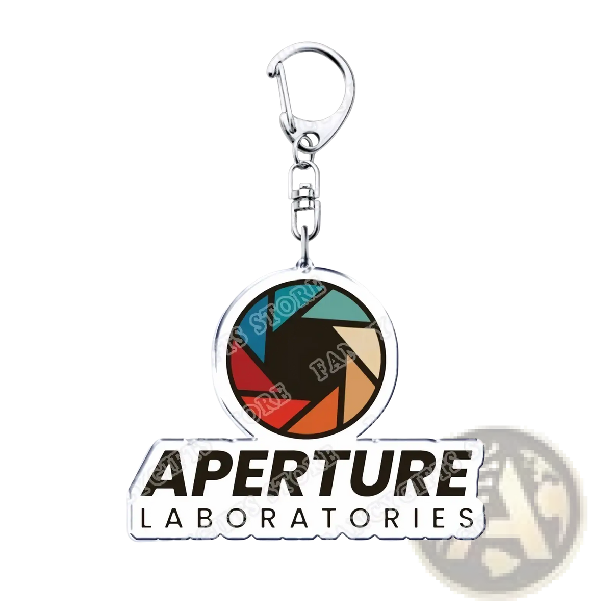 A circular metallic portal video game acrylic keychain with colorful aperture laboratories logo and silver clip and chain