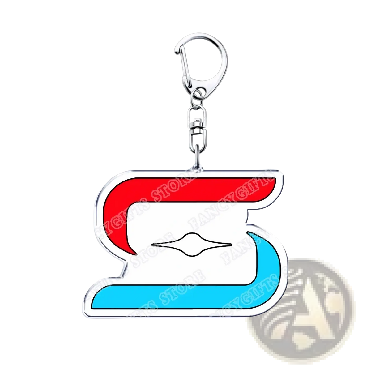 A shiny silver acrylic keychain featuring a bold red and blue portal video game logo with a white center gamer gift