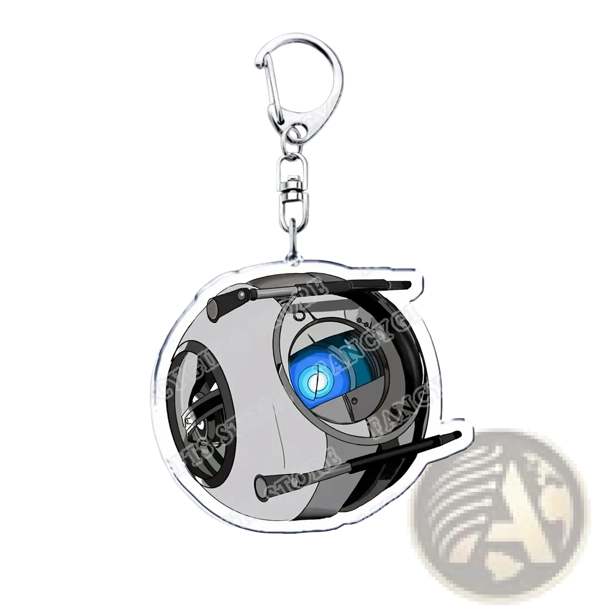 Silver and black acrylic Portal video game keychain featuring the iconic blue-eyed robot for gamer gift