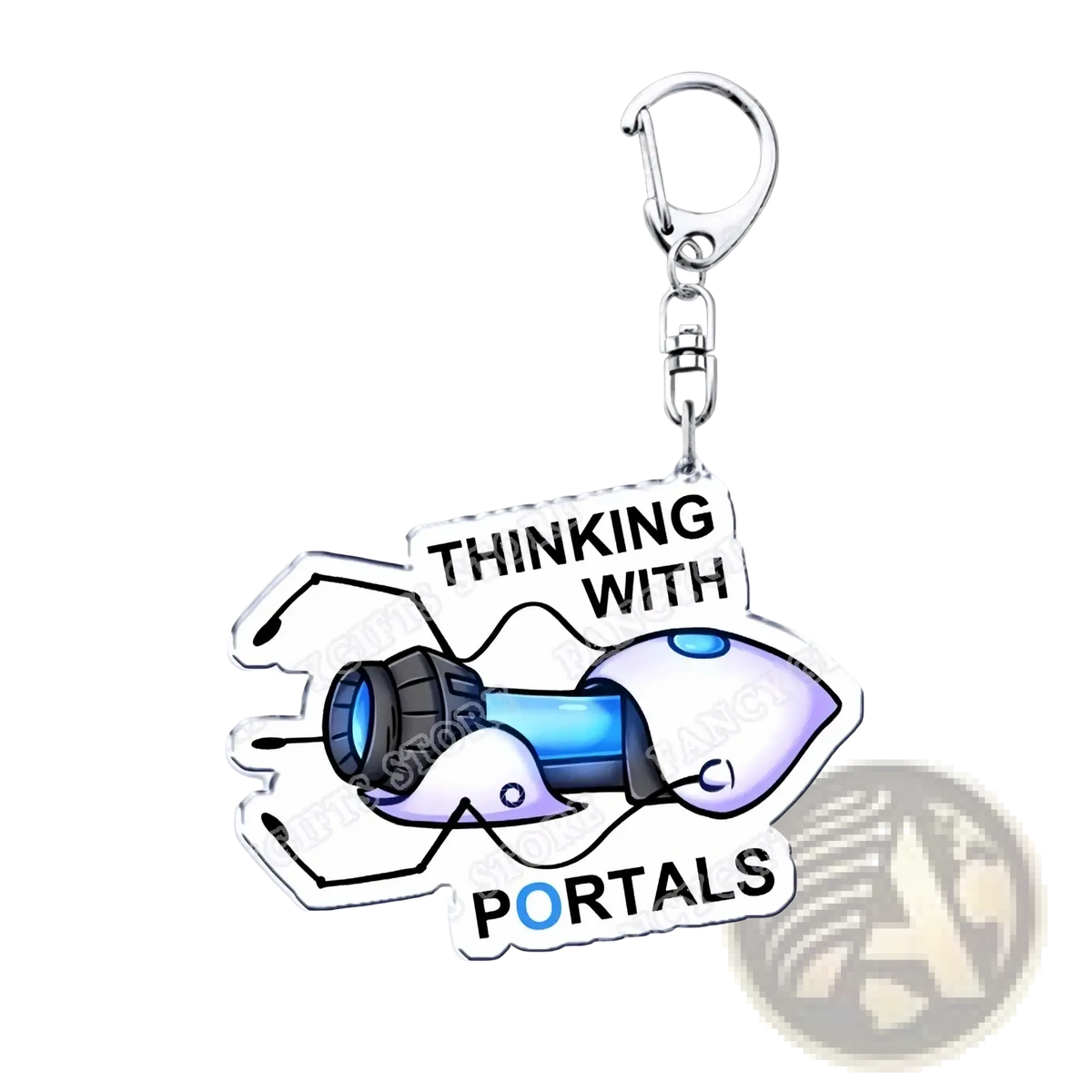 A translucent acrylic portal video game keychain with blue and purple cartoon-style portal gun and silver clasp