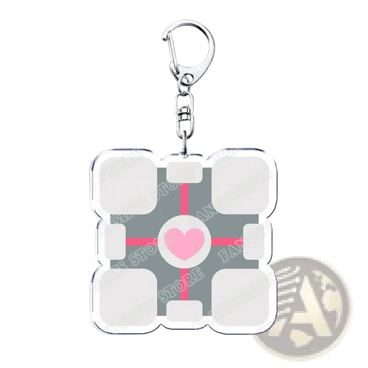 Silver-accented acrylic Portal video game keychain with gray square, white cutouts, pink crosshair, and soft pink heart