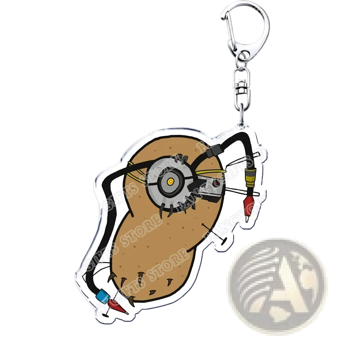 Brown acrylic portal video game keychain shaped like a cartoon potato with metallic gear and wires design for gamers