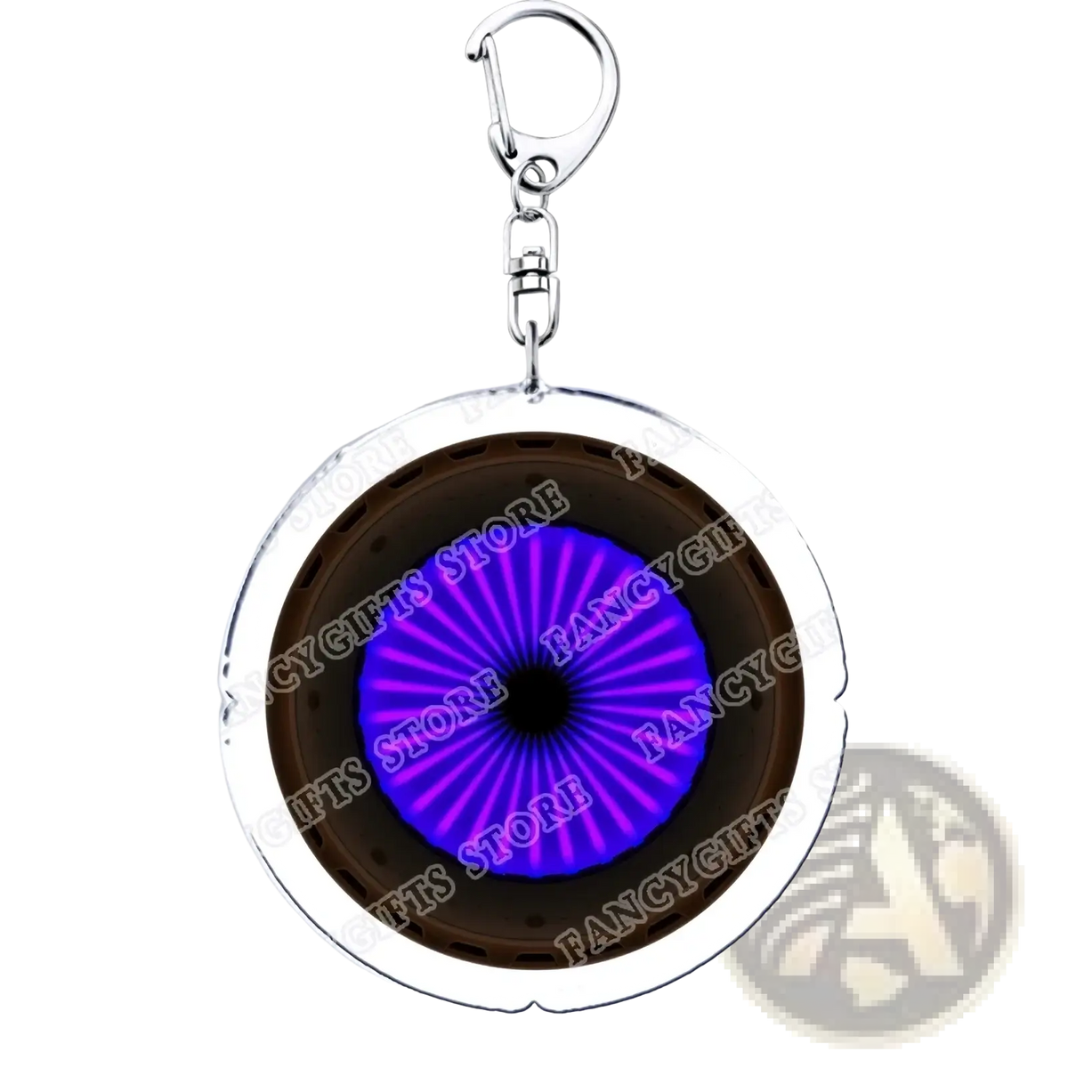 Circular acrylic Portal video game keychain featuring a glowing purple eye in a silver metallic frame and dark brown ring