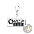 Silver rectangular acrylic keychain with black and white property of aperture laboratories logo and barcode portal gamer gift