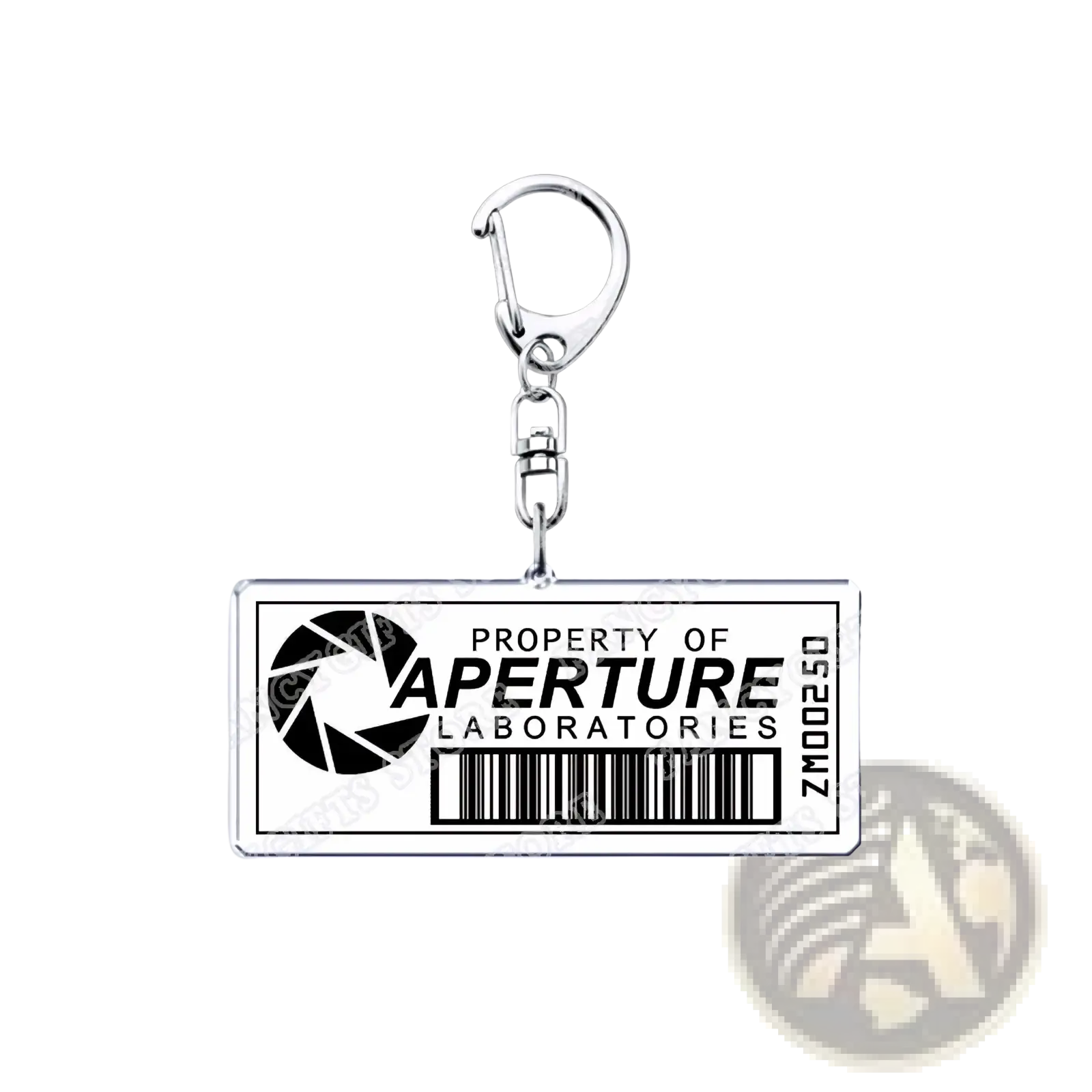 Silver rectangular acrylic keychain with black and white property of aperture laboratories logo and barcode portal gamer gift