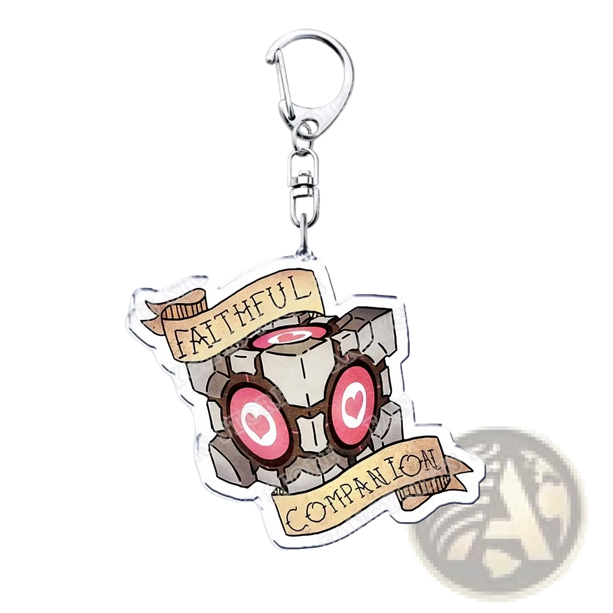 A clear acrylic keychain from Portal video game featuring a cartoon robot with pink heart eyes and faithful companion banners