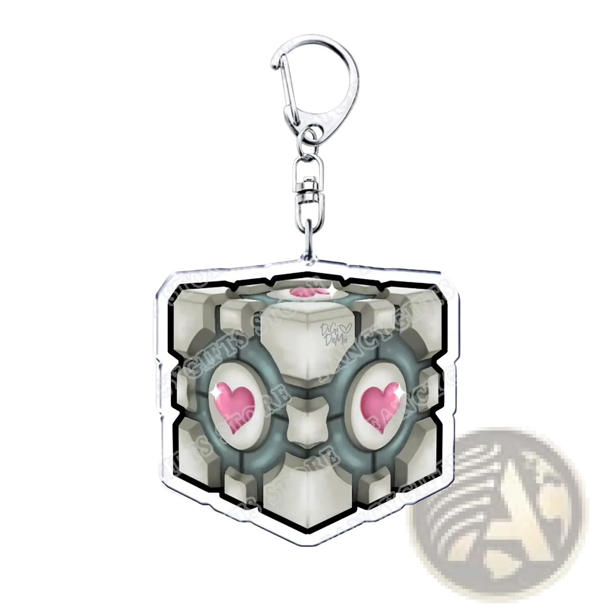 A silver-toned hexagonal acrylic portal video game keychain with a robotic cube featuring pink heart eyes