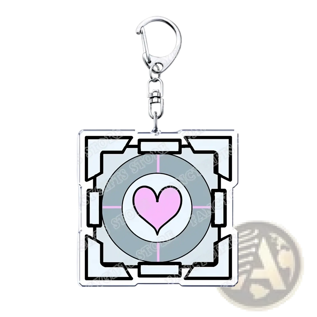 Acrylic Portal video game keychain featuring a pink heart design with geometric frames and a silver metal clasp