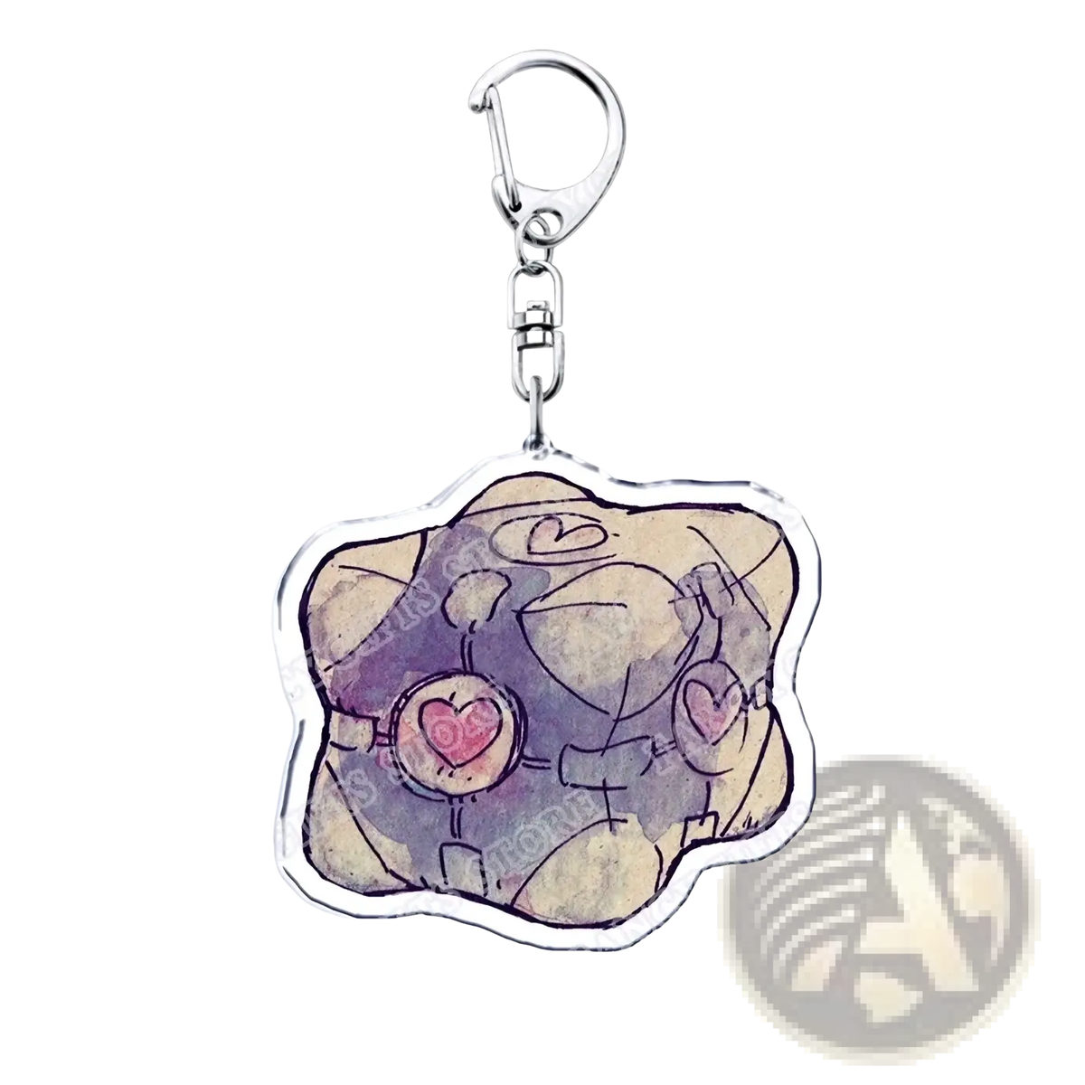 Clear acrylic portal video game keychain featuring a purple and beige cartoon character with heart-shaped chest details