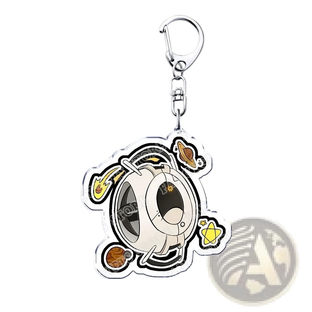 Clear acrylic portal 2 keychain with silver clasp featuring character design in black white yellow and orange accents