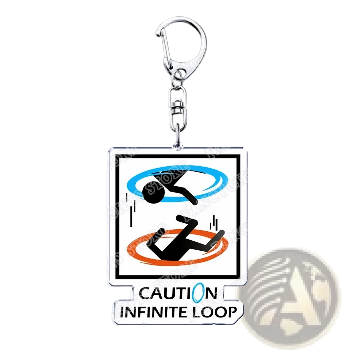 Silver rectangular acrylic keychain featuring black stick figure infinite loop design with blue orange lines caution label portal game gift