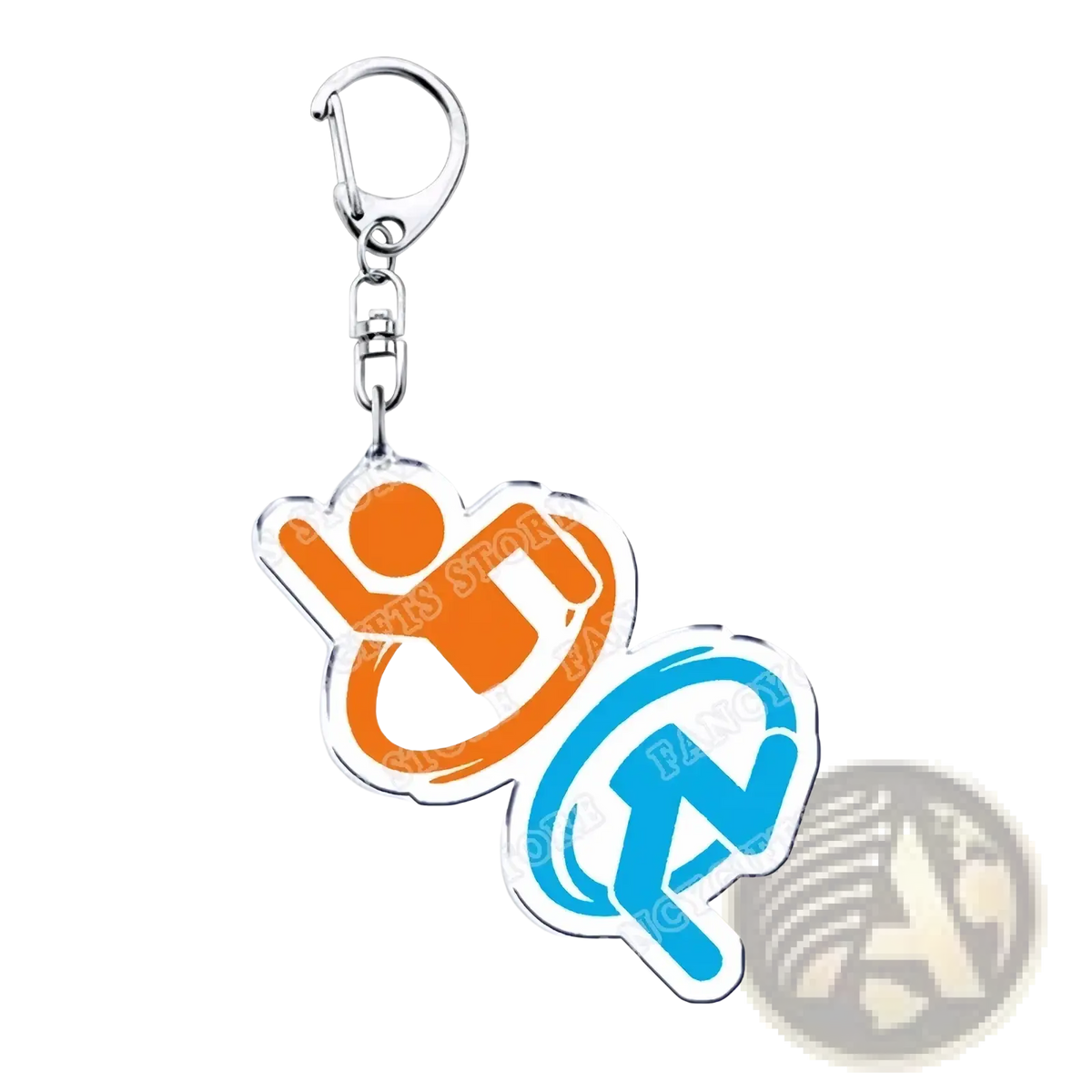 Orange and blue acrylic Portal video game keychain with stylized figure design and white trim for gamer gift