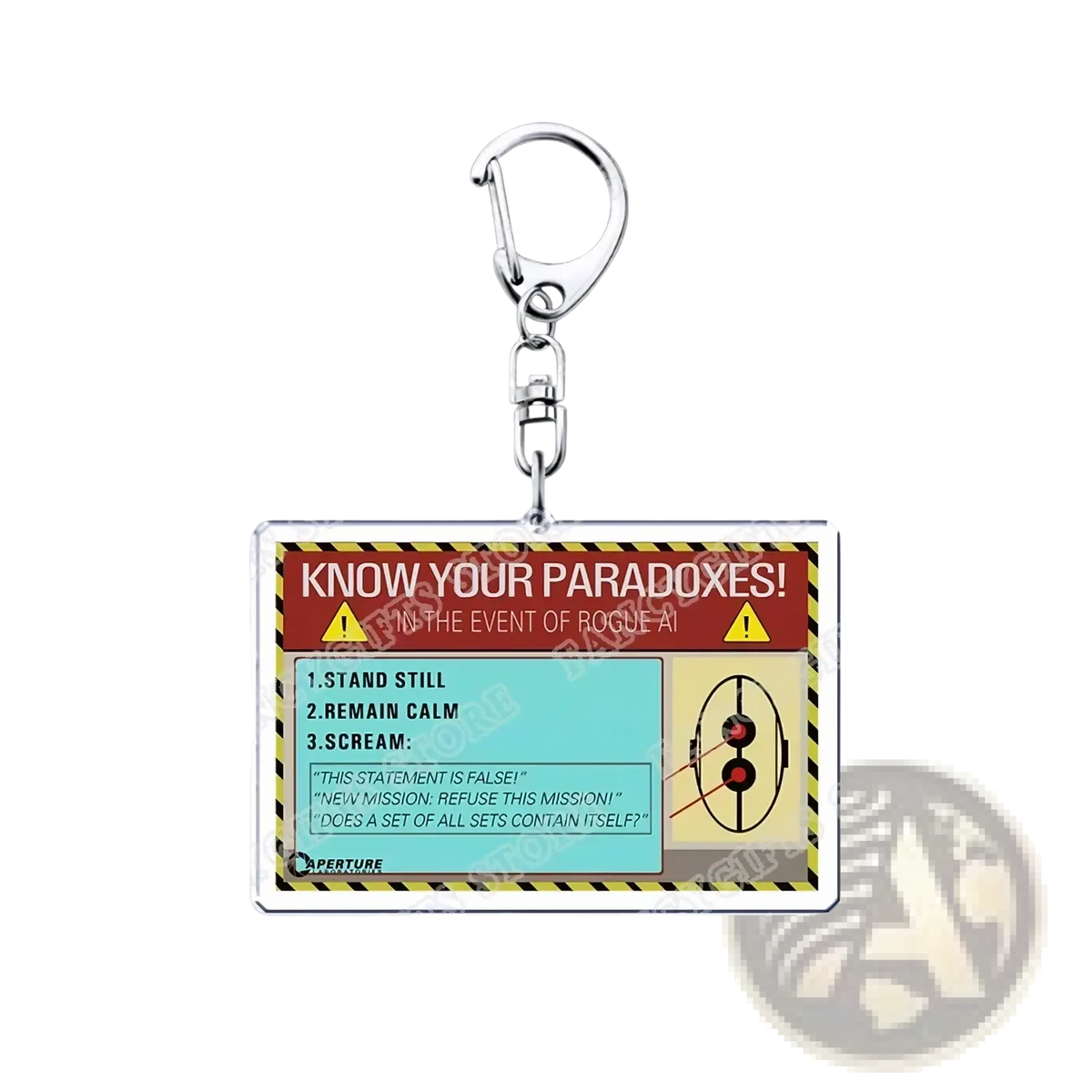A rectangular acrylic Portal video game keychain with a bold know your paradoxes warning label in red and teal