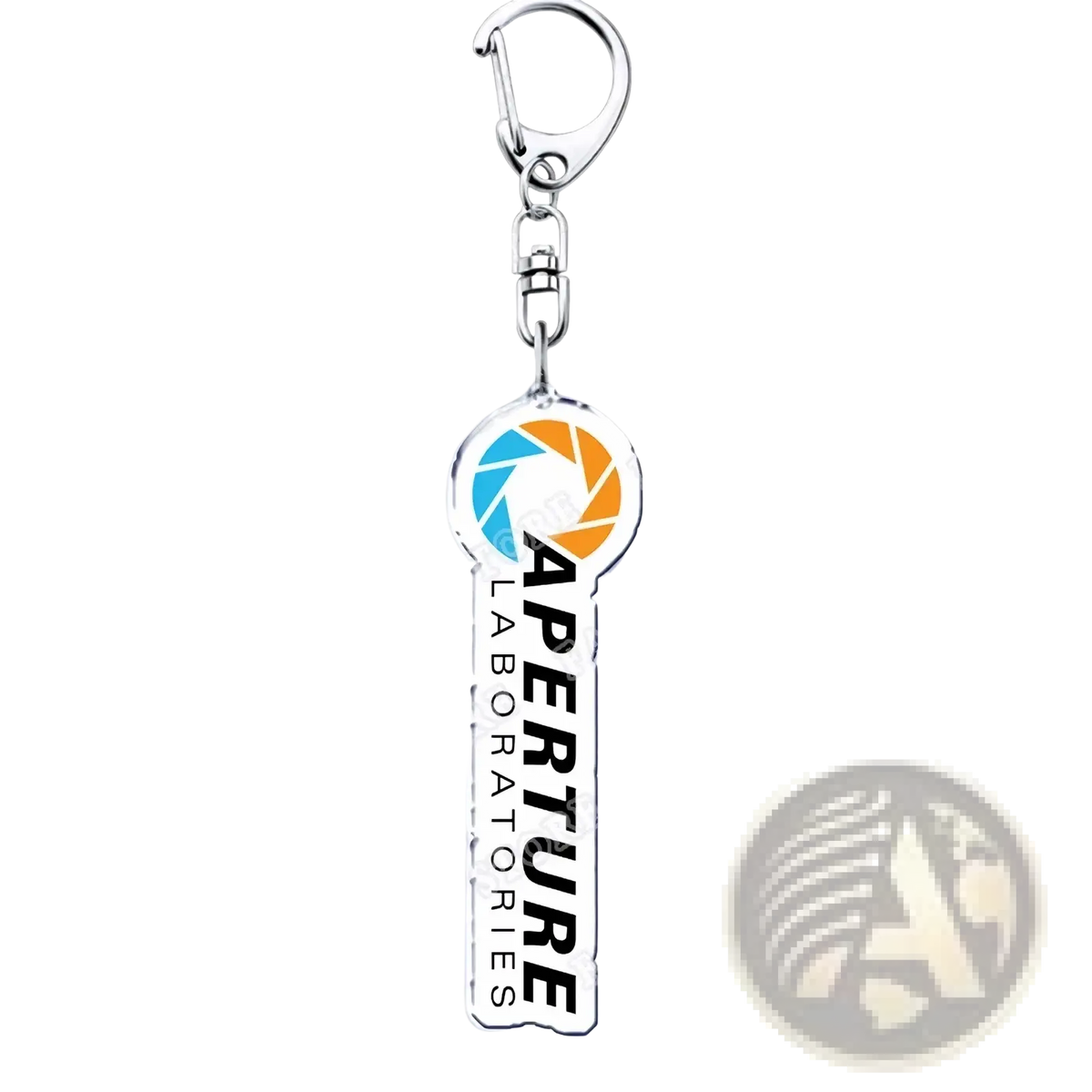 Silver acrylic keychain shaped like a key featuring the blue and orange Aperture Laboratories logo from Portal video game