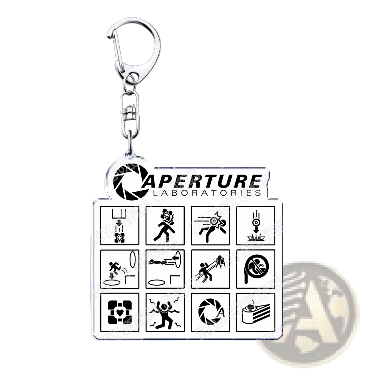Silver acrylic Portal video game keychain featuring the Aperture Laboratories logo and iconic game symbol grid design