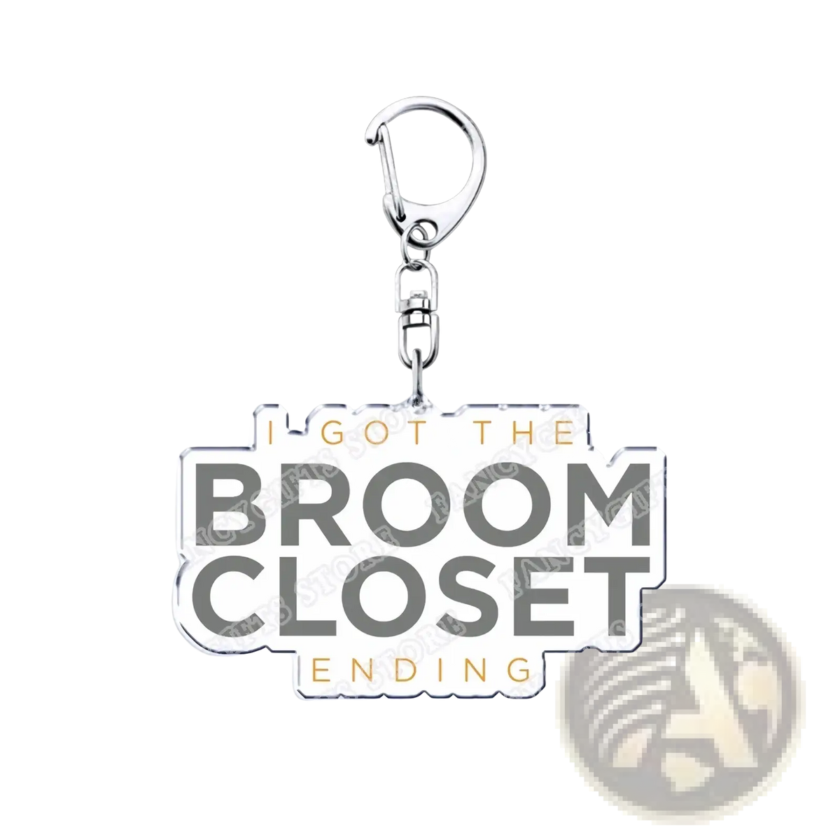 Silver acrylic portal video game keychain with i got the broom closet ending text in gray and gold lettering