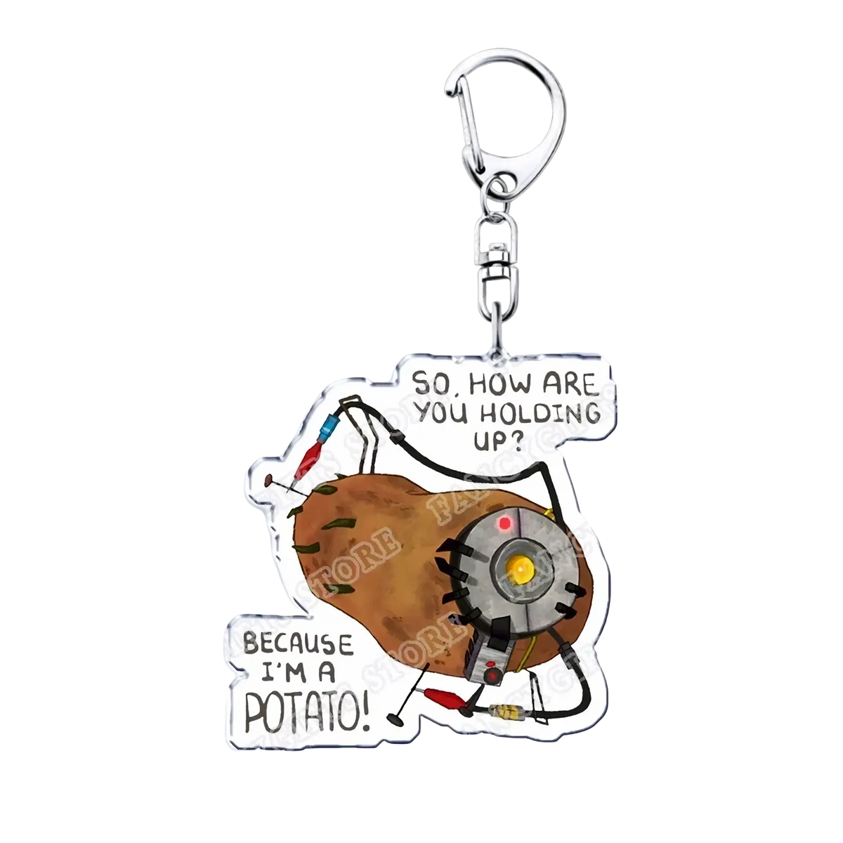 Brown cartoonish potato-shaped acrylic keychain with mechanical face and limbs featuring portal video game text gift