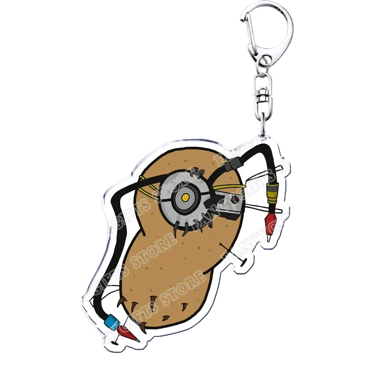 Brown acrylic portal video game keychain shaped like a cartoon potato with metallic gear and wires design for gamers