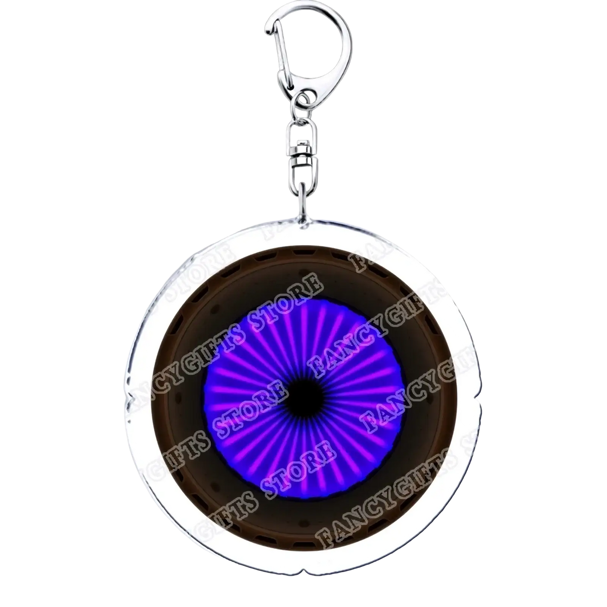 Circular acrylic Portal video game keychain featuring a glowing purple eye in a silver metallic frame and dark brown ring