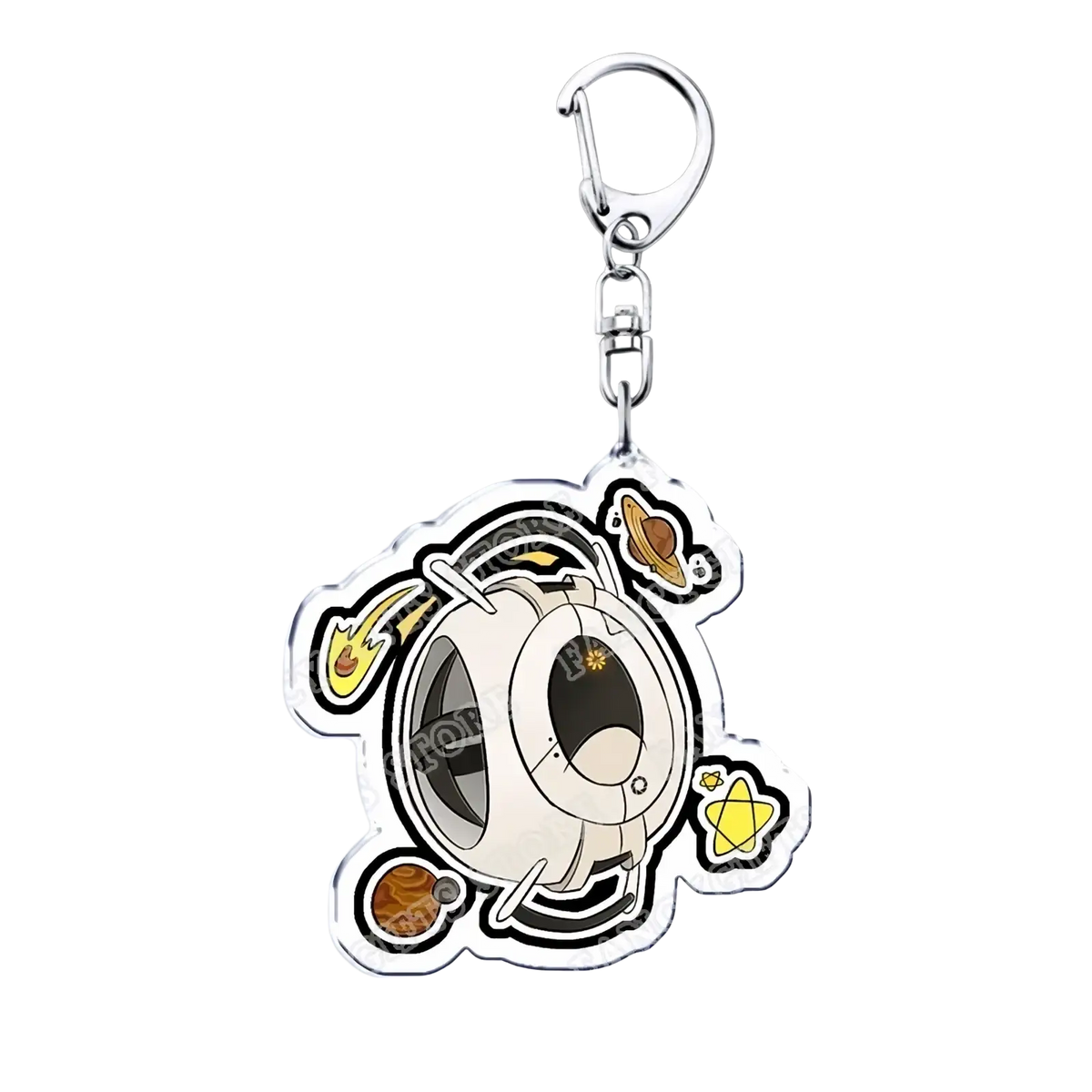 Clear acrylic portal 2 keychain with silver clasp featuring character design in black white yellow and orange accents